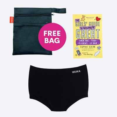 WUKA First Period Pack - Boxer Short Style - Heavy Absorbency - Black Colour - Girls Guide to Growing Up Great