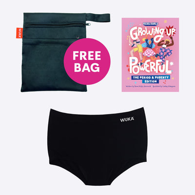 WUKA First Period Pack - Boxer Short Style - Heavy Absorbency - Black Colour - Rebel Girls Growing Up Powerful