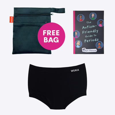 WUKA First Period Pack - Boxer Short Style - Heavy Absorbency - Black Colour - Autism-Friendly Guide To Periods