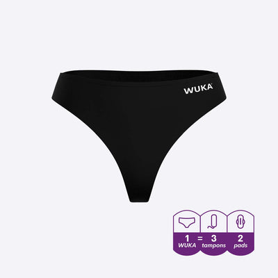 WUKA Stretch Thong Style Light to Medium Absorbency Black Colour Cutout Front Size 2