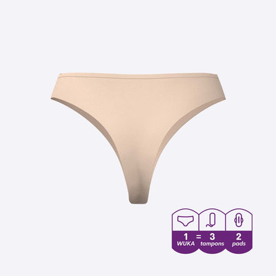 WUKA Stretch Thong Style Light to Medium Absorbency Light Nude Colour Cutout Back Size 1