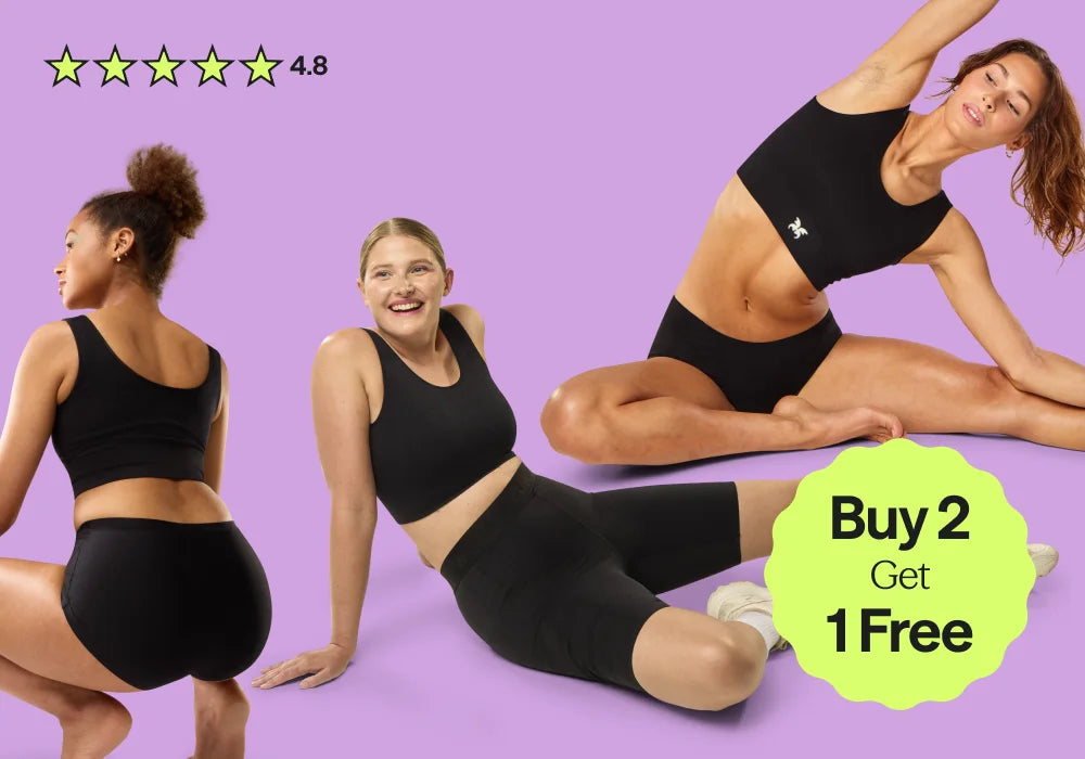 Three diverse women wearing black WUKA period-proof underwear and activewear against a purple background, showcasing Mix and Match Sublime Day offer - buy 2 get 1 free. Sustainable, leak-proof period wear rated 4.8 stars