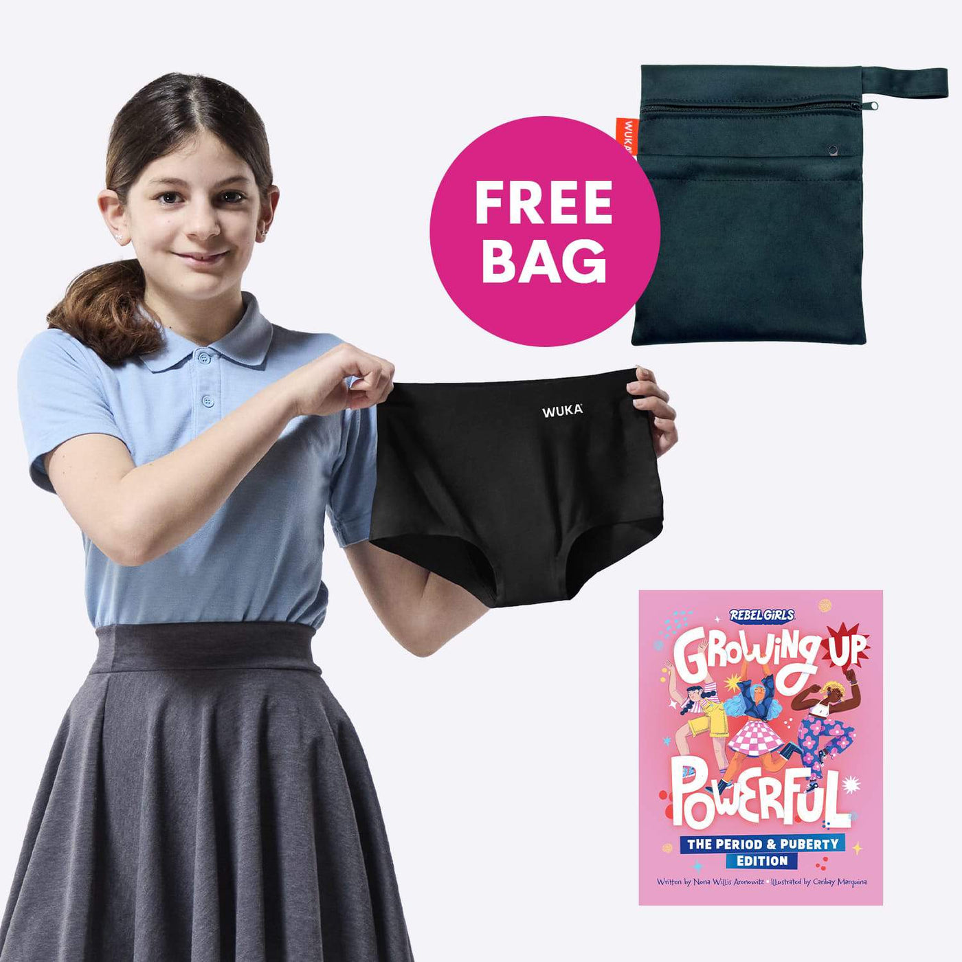 WUKA First Period Pack - Boxer Short Style - Heavy Absorbency - Black Colour - Rebel Girls Growing Up Powerful - Teen Model