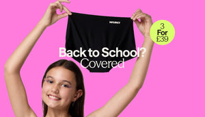 3 for £39 on award-winning Teen Stretch™ period underwear. Back to school covered homepage banner