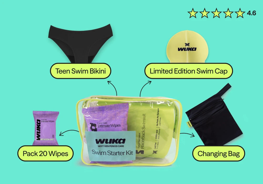 Teen period swimwear starter kit with leak-proof bikini, reusable swim cap, wipes and wet bag for swimming during your period without tampons