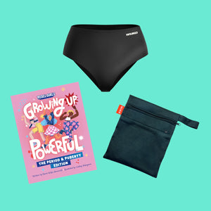 WUKA First Period Pack featuring black Stretch™ period pants, a black two-pocket wet bag, and the "Growing Up Powerful" Rebel Girls book — the perfect starter kit for teens beginning their period journey