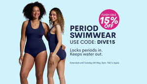 WUKA period swimwear flash sale. locks periods in, keeps water out. Ends Tuesday 6th May 2025