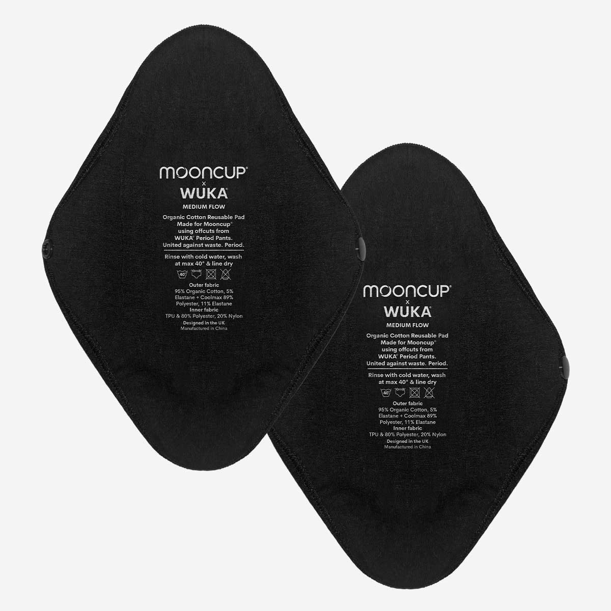 WUKA Reusable Period Pads 2 Pack Style Medium Flow Black Colour Set