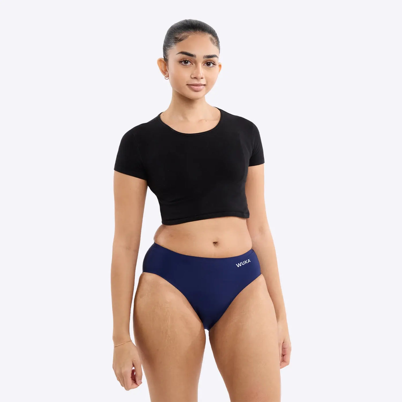 WUKA Teen Stretch Seamless Period Pants Style Heavy Flow Navy Colour Three Quarter Front